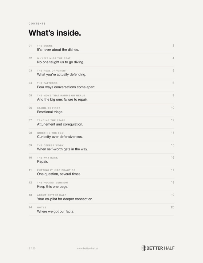 The guide's contents page, listing all twenty pages